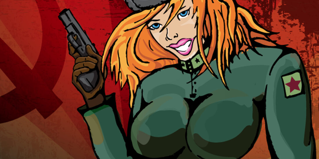 The image of a woman in an army green jumpsuit with a Russian inspired background motif.
