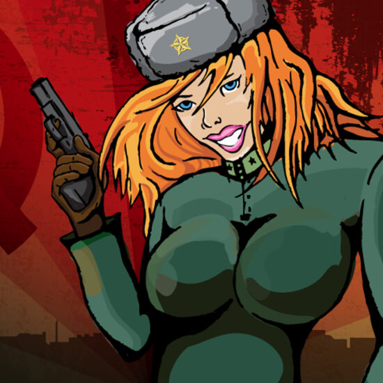 The image of a woman in an army green jumpsuit with a Russian inspired background motif.